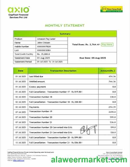 India Karur Vysya Bank account statement Word and PDF template, version 2